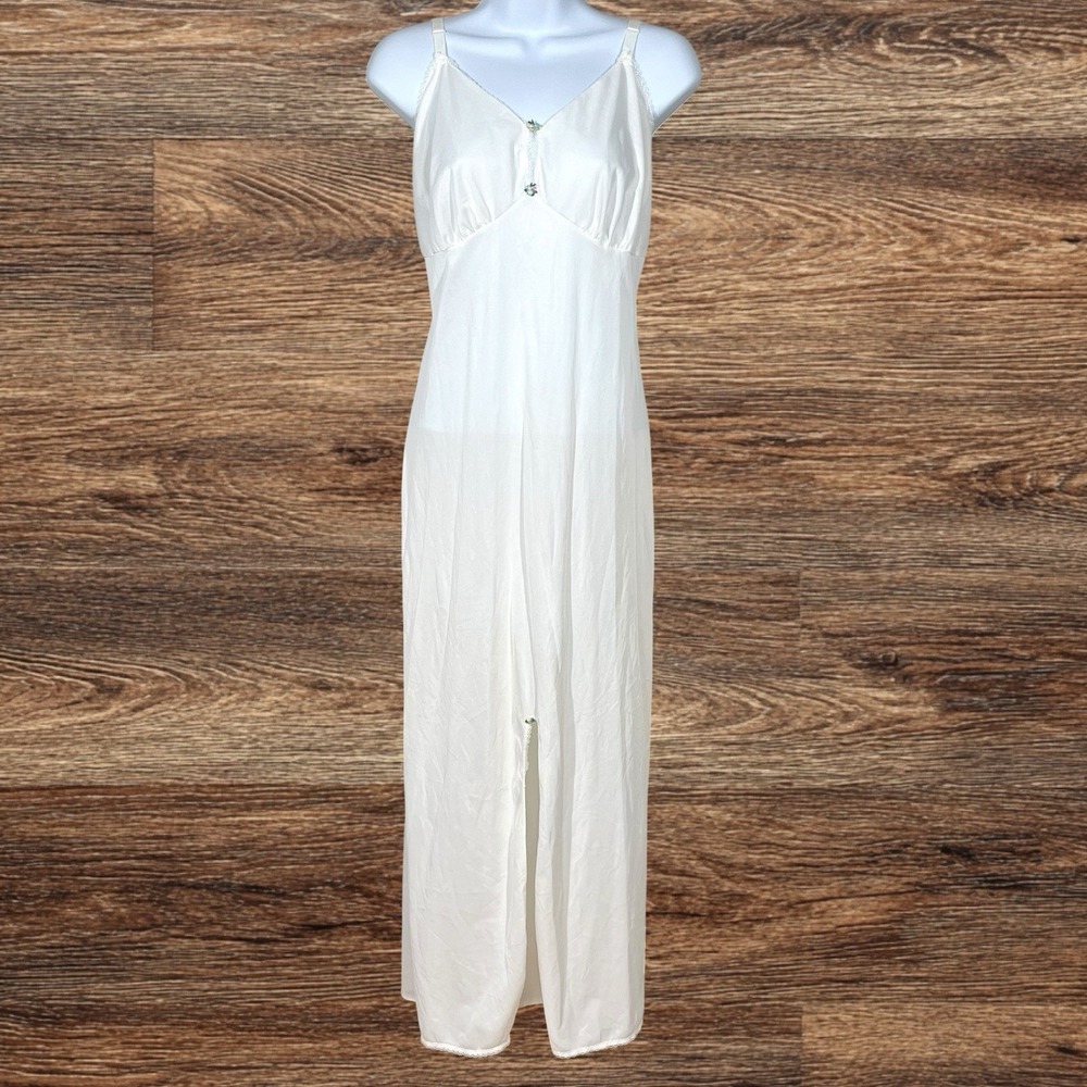 Vintage Slip Dress NIght Gown Womens L Ivory Floral Applique Front Slit Boudoir